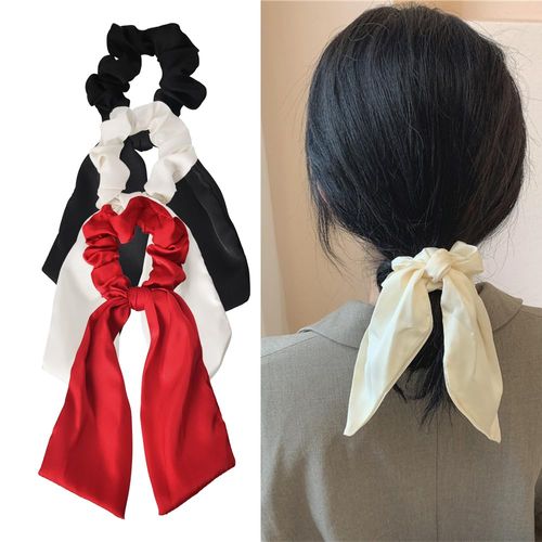 Ribbon Hair Bows for Women Black Red Bow Hair Ties for Girls Silky Satin Hair Bow Scrunchies with Long Ribbons Beige Bowknot Hair Ropes Accessories Elastic Hair Scarf Bands Ponytail Holders 3PCS
