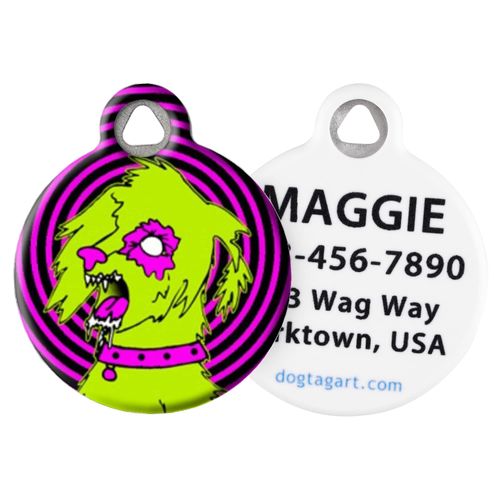 Dog Tag Art Halloween Zombie Custom Pet ID Tag for Dogs and Cats, Personalized Dog Tag with Customized Identification Information, Zombie Poodles on The Loose, Large (1.25" Diameter)