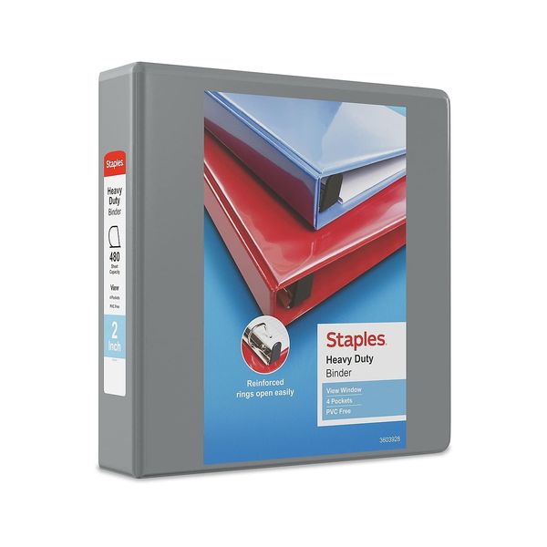 Staples 976041 2-Inch Staples Heavy-Duty View Binders with D-Rings Gray