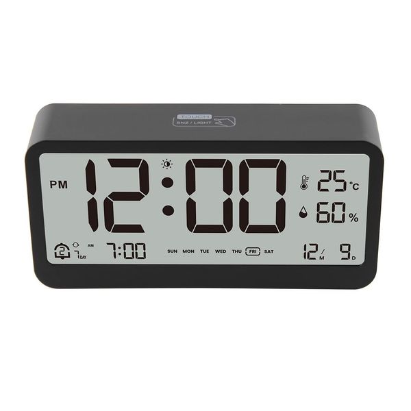 Digital Clock, Table Clock, Alarm Clock, Calendar, Temperature, Humidity Meter, Easy to Read Large Screen Display, Alarm, Snooze Function, Stylish (Black)