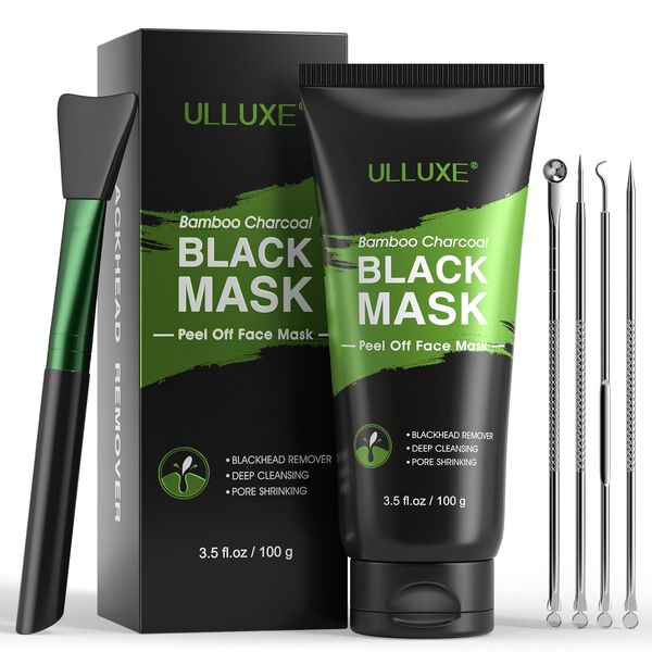 ulluxe Blackhead Remover Mask, Activated Charcoal Peel Off Face Mask, Deep Cleansing Mask for Face Nose, Black Head Acne Pores Purifying Mask with Pimple Extractor and Brush (3.5 fl.oz)