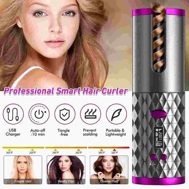 Cordless Wireless Auto Rotating Hair Curler Straightener Curling LCD Ceramic US