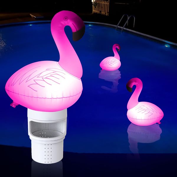 Uekars Pool Chlorine Floater with Solar Light, Inflatable Flamingo Floating Chlorine Dispenser for 4x3 inch Chlorine Tabs, Anti-Sinking Bromine Chlorine Tablet Holder Floater for Pool, Hot Tub,Spa.