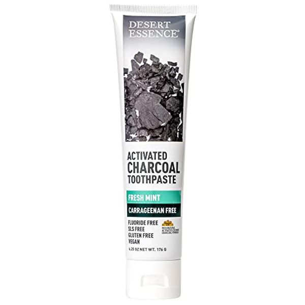 Desert Essence Activated Charcoal Toothpaste - Fresh Mint - 6.25 Ounce - Complete Oral Care - Deeply Clean - Tea Tree Oil - Baking Soda - Sea Salt - Carrageenan Free - Refreshes Breathe