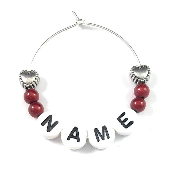 Libby's Market Place Personalised Name Wine Glass Charm with White Letters and Hearts on a Gift Card