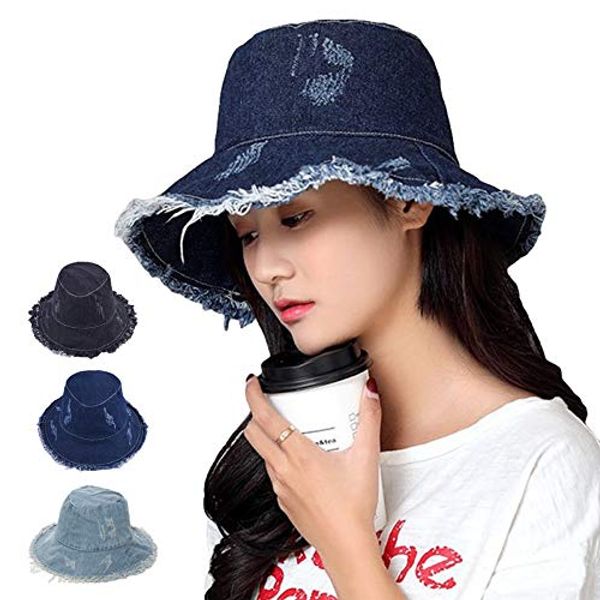 JK Home Women Vintage Denim Hat Outdoor Travel Fisherman Bucket Sun Hats D:Navy Blue