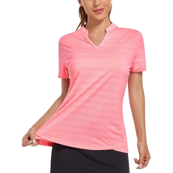 MIER Women's Collarless Golf Polo Shirt - UV Protection, Quick Dry, Short Sleeve Tennis Workout Tee - Pink, L