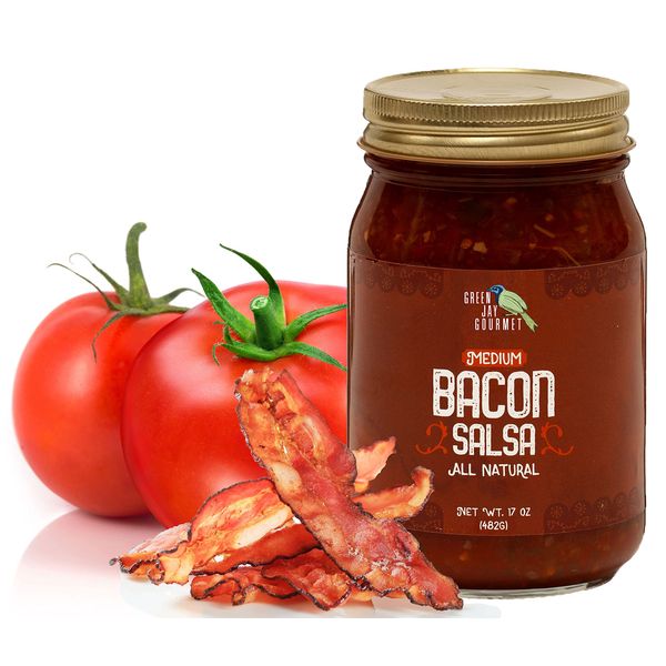 Green Jay Gourmet Bacon Salsa - Medium Heat Salsa with Natural Bacon & Jalapeno Peppers - Gourmet Salsa Dip with No Preservatives - Gluten-Free, MSG-Free, Small Batch Natural Salsa Sauce - 17 Ounces