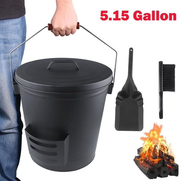 5.15 Gallon Ash Bucket with Lid & Shovel Galvanized Iron Metal Fireplace Tools