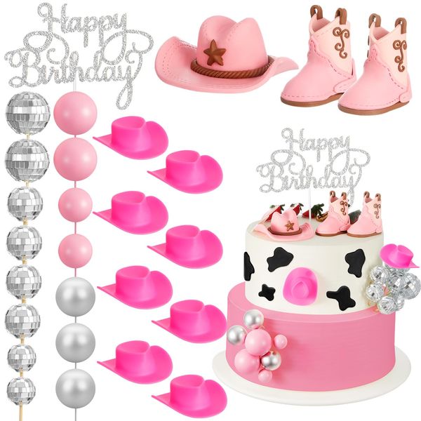 RoundFunny 26 Pcs Cowgirl Cake Decorations Cowgirl Cake Topper Disco Decorations Hat Cake Topper Western Cowgirl Birthday Baby Shower for Western Theme Party Supplies (Cute, Pink)