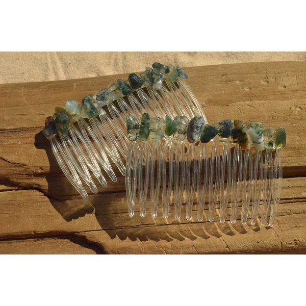 Moss Green Agate Stone Hair Combs (Quantity of 2)