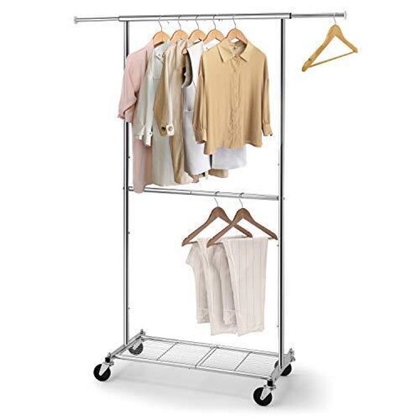 Standard Clothing Garment Rack, Rolling Clothes Organizer with Wheels Chrome