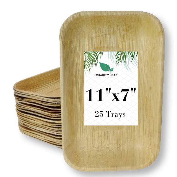 Charity Leaf Disposable Palm Leaf Tray Like Bamboo Rectangle Serving Tray | All Natural and Biodegradable | Catering, Charcuterie Boards, BBQs, and Parties | 25 Trays (11" x 7")