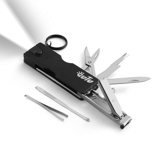 OUTU Nail Clippers, 8-Function Manicure Keychain, Multi-Tool, Stainless Steel, Unisex, Nail File, Scissors, Knife, Tweezers, Ear Cleaning, LED Flashlight, Portable, Small, Mini, Nail Clipper, Travel, Foldable, Travel (Black)