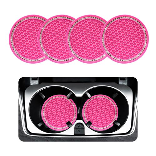 Ziciner 4 Pack Bling Car Cup Coaster, Crystal Soft Rubber Cup Holder Insert Coaster, Anti-Slip Rhinestone Drink Cup Mat, Universal Interior Accessories for Car SUV Truck (Rose Red&White)