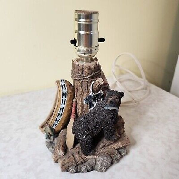 Bear with fish Lamp Small Nightstand Cabin Decor Canoe M2