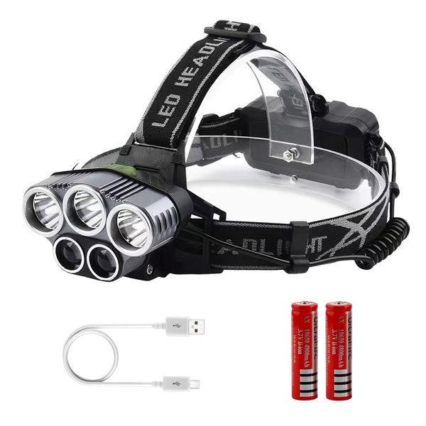 Rechargeable Headlamp 20000 Lumen LED Headlight 6 Modes Headlamp Flashlight for Camping Cycling Hiking Hunting Emergency - Black