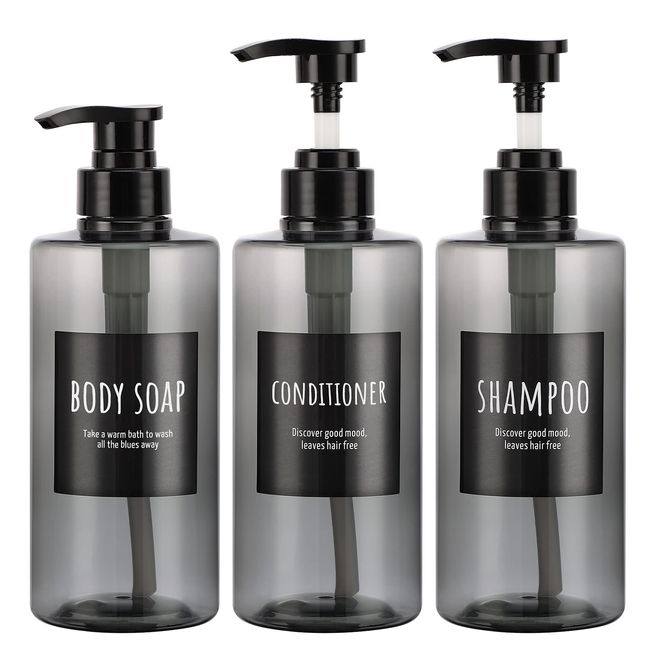 Segbeauty Shampoo Bottle Dispenser, Gray, Set of 3, 16.9 fl oz (500 ml), Large Capacity, Black, Round Shape, Leak Proof, Refill Bottle, Stylish, Bathroom, Washroom