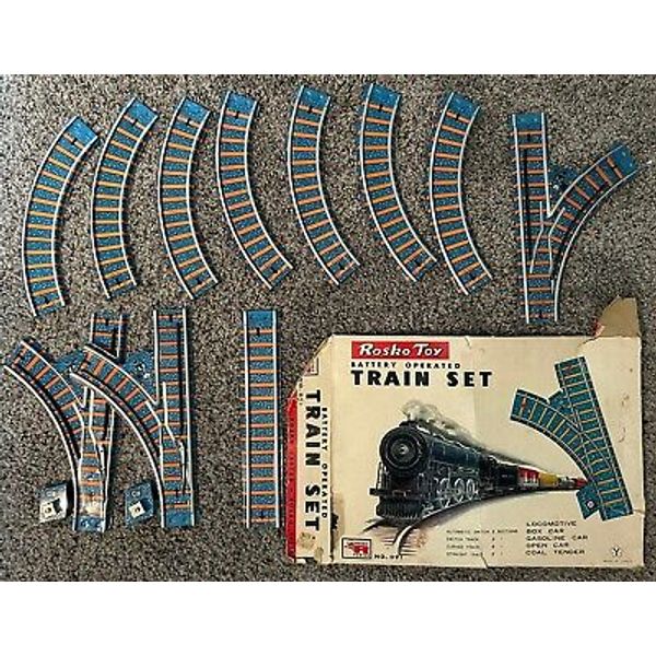 VINTAGE Rosko Toy Train Tracks Set + Box Top TRACKS ONLY Tin Toy Made in Japan!