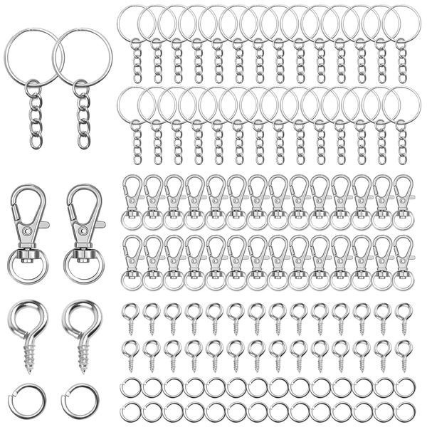 120 PCS Key Ring Making Tools, DIY Key Chain Lobster Clasps, Key Chain Rings with Chains, Open Jump Rings and Screw Eye Pins Silver