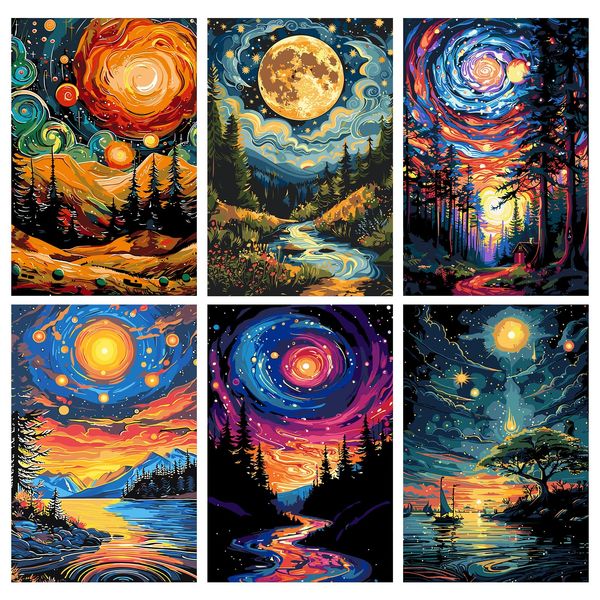 MISCER 6 Pack Paint by Numbers Kit for Adults Beginner,Starry Sky Paint by Number Kits, DIY Acrylic Oil Painting Suitable for Home Decoration (8 * 12 Inch)