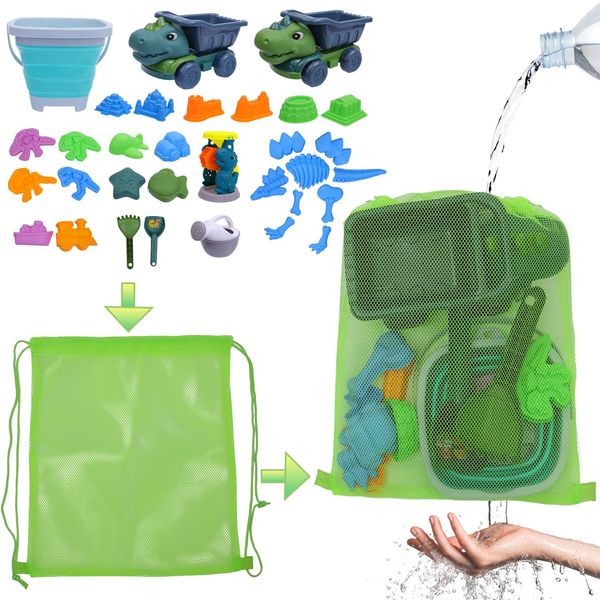 Alabasta Beach Toys Dinosaur Dump Truck, Watering Can Collapsible Sand Bucket,Sand Castle Kit, Animal Dinosaur Molds etc. Mesh Bag Shovel and Rake Sandbox Toys for Toddlers Kids (Dinosaur)