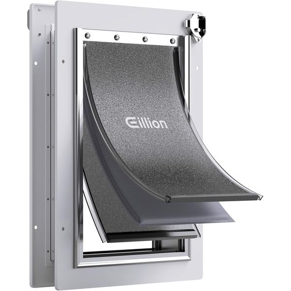 Eillion Medium Dog Door for Door Aluminum Frame, 3 Magnetic Flaps Metal Panel