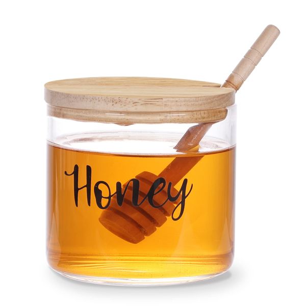 Clear Glass Honey Jar with Dipper and Lid, Farmhouse Honey Pot Kitchen Countertop Canisters, Honey Container Jar Dispenser Holder for home kitchen,12 oz