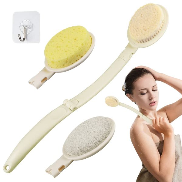 3 in 1 Back Scrubber for Shower, Back Cream Applicator with Long Handled Sponge, Heads Pumice Stone, Loofah Back Scrubbers for Use in Shower, Body Brush for Exfoliating or Dry Skin Brushing