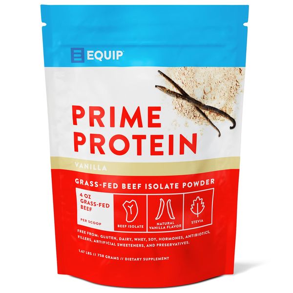 Equip Foods Prime Protein - Grass-Fed Beef Protein Powder Isolate - Gluten Free Carnivore Protein Powder - Vanilla, 1.67 Pounds - Helps Build and Repair Tissue