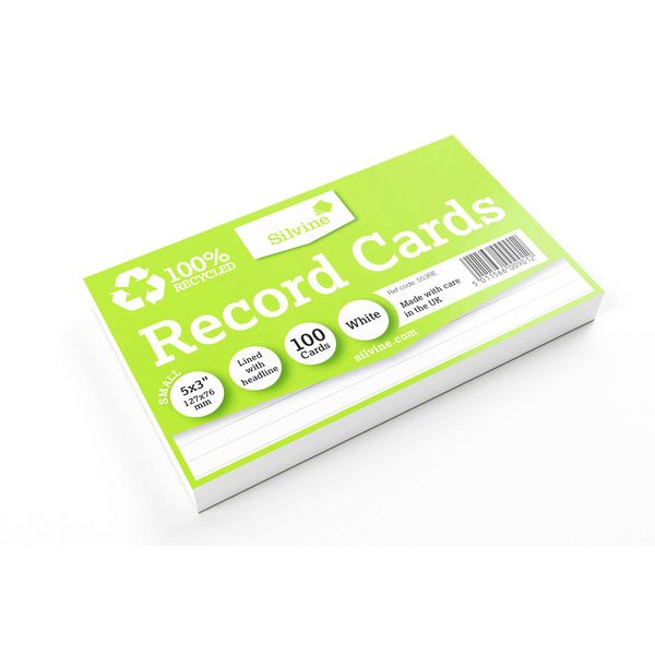 Silvine 5x3" 100% Recycled Flash Cards - Lined (100 Cards) White