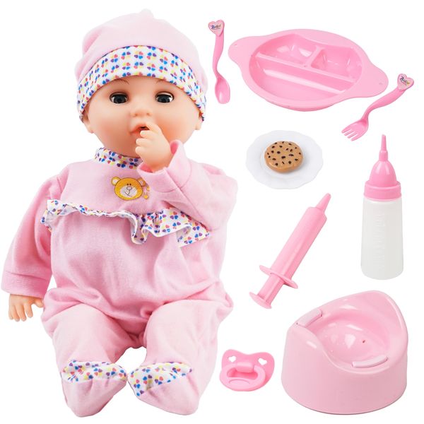 Toy Choi's 16 Inch Interactive Baby Doll Pink - Talking Feeding Dolls with Different Sounds and Accessories, Pretend Play Preschool Toys Gift for Toddlers 2 3 4 5+ Year Old Girls Boys