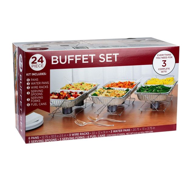 24 Piece Party Serving Kit Includes Chafing Dish Buffet Set and Serving Utensils For All Types Of Parties And Events, 3 complete Disposable Party Sets