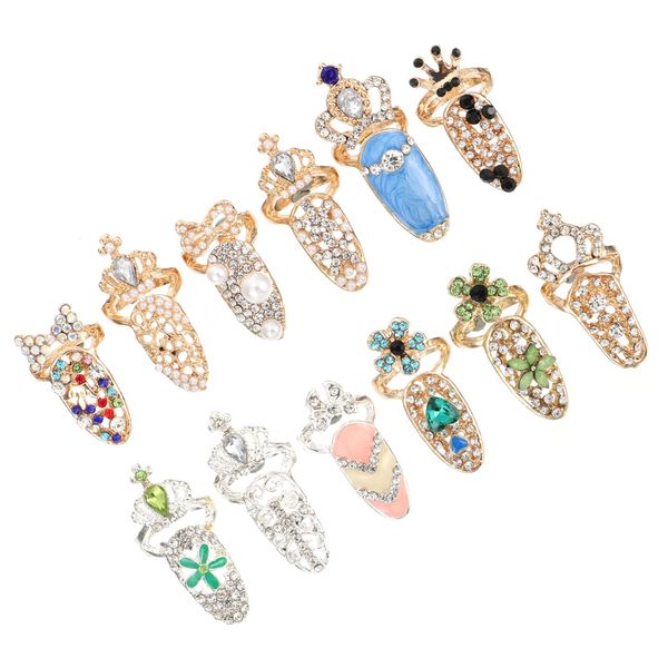 Lurrose Rhinestone Ring 12Pcs Women Rhinestones Fingernail Ring Fashion Fingernail Jewelry Rings Crystal Nail Cover Ring Nail Art Charm Finger Decoration Rings for Women Girls 3d Nail Charms