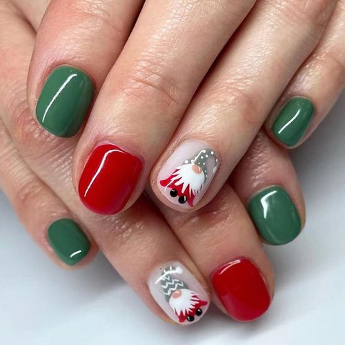 24 Pezzi Natale Unghie Finte Corte Quadrate, Rosso Verde Adesive Press on Nails Naturali Artificiali Unghie, Square Francese Unghie Finte a Copertura Totale per Donne e Ragazze (Babbo Natale)