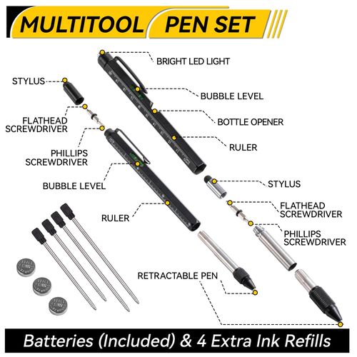 11-in-1 Multitool Pen Set with LED Light, Flathead & Phillips Screwdrivers, Level, Ruler, Bottle Opener, and Stylus, Gifts for Him Men Husband, Boyfriends, Gifts for Dad, Husband, Black