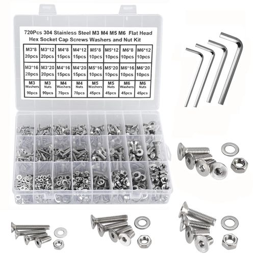 FandWay 720Pcs M3 M4 M5 M6 Flat Head Hex Socket Cap Screws, 304 Stainless Steel Hex Socket Countersunk Machine Screw,Bolt Nut Flat Washers Assortment Set with 4 Wrench and Storage Case.