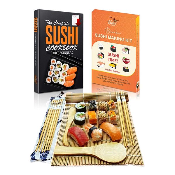 Sushi Making Kit – Beginners Sushi Maker Set with Bamboo Rolling Mat - Make Your Own Sushi at Home - All In One Set 2 Mats, 5 Pairs Chopsticks with Bag, Paddle, Spreader with Step by Step Book Guide