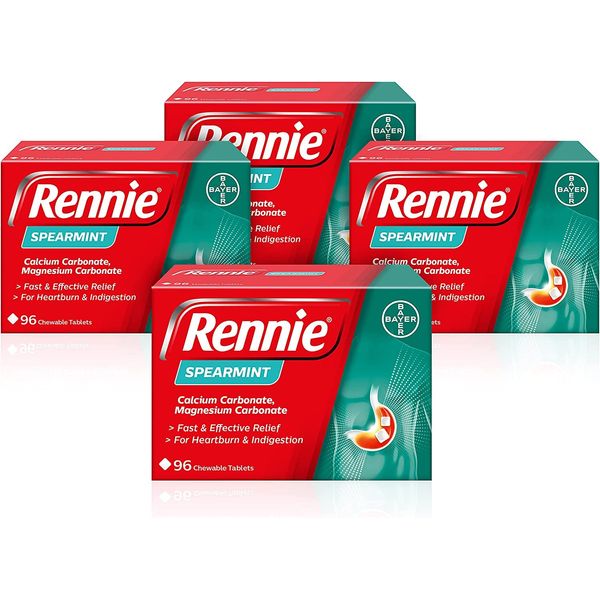 Rennie Antacids, Spearmint Flavour Heartburn Relief and Indigestion Tablets, Fast and Effective Relief for Acid Reflux, 4 Packs of 96 Tablets