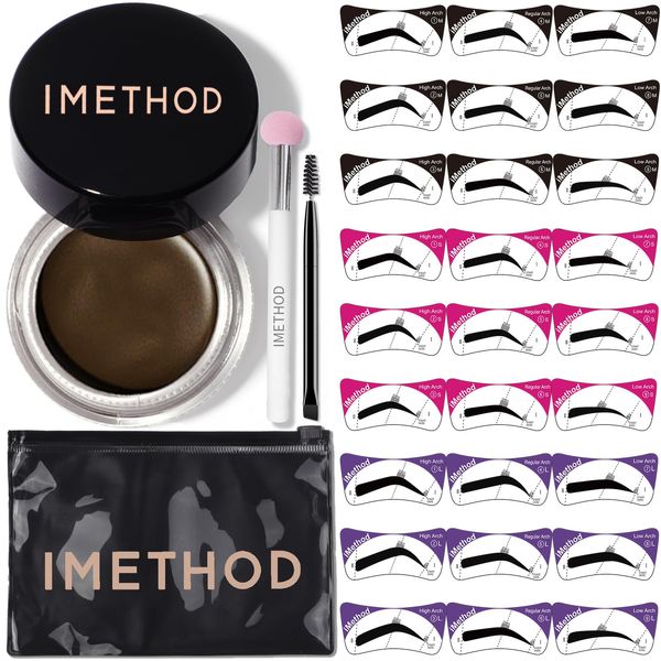 iMethod Eyebrow Stamp Stencil Kit - Brow Stamp and Stencil Kit with Brow pomade, 27 Reusable Stencils, Dual-ended Brush and Sponge Applicator, Brow Trio Eyebrow Kit, Easy to Use, Dark Brown