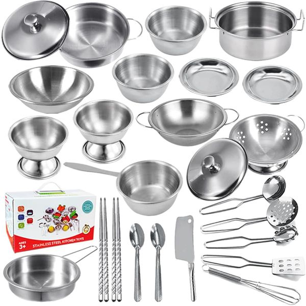 Mini Size Kids Kitchen Pretend Play Toys Accessories with Stainless Steel Cookware Pots and Pans Set,Classic Kitchen Accessories Cooking Utensils Set Tiny Role Play Cooking Play Toy for Kids Toddlers