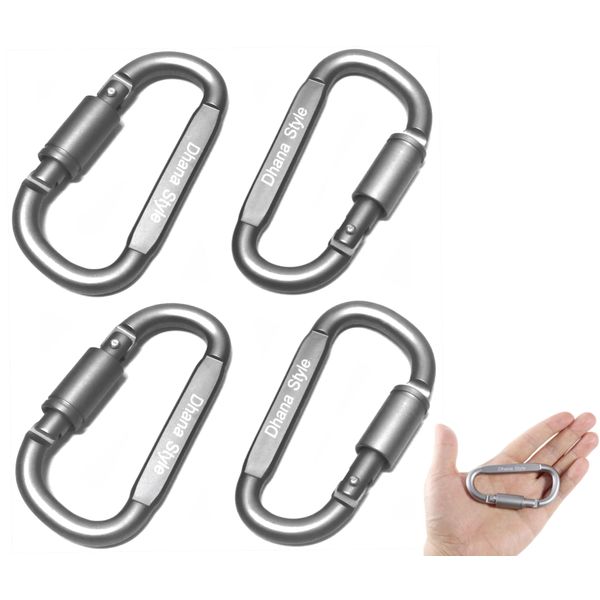 Screw Lock, Shedding Prevention, Carabiner Clip, Nascan, Set of 4, Lightweight, Aluminum Material, Outdoor Holder, Equipment (Silver)