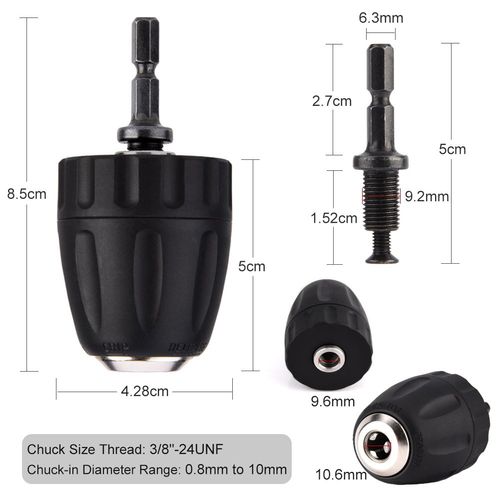 Walfront 0.8-10mm 3/8"-24UNF Chuck Adapter with Hex Shank, Electric Keyless Drill Chuck Converter for Screwdriver