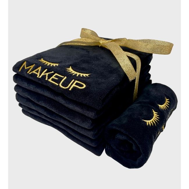 URBLUX Microfiber Makeup Remover Towel 12X12 Black/Gold 6PK;Soft Hypoallergenic Make Up Removal Wash Cloth, Embroidered Washcloth, Reusable Facial Cleansing Cloth