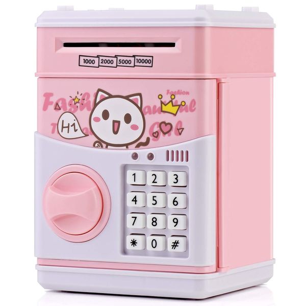 KMiKE Electronic Cat Piggy Bank for Kids Cash Cartoon ATM Money Saver Bank for Kids with Password & Music Great Gift Toy for Kids Children (Pink)