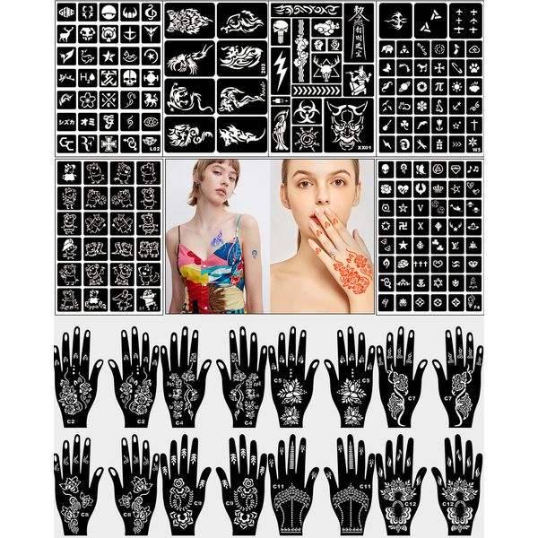 Aresvns 210+ Musterentwürfe Indien Henna Schablonen Set für Frauen Finger Hände Körperbemalung, 22 Stück DIY Air Brush Temporäre Tattoo Schablonen für Mädchen