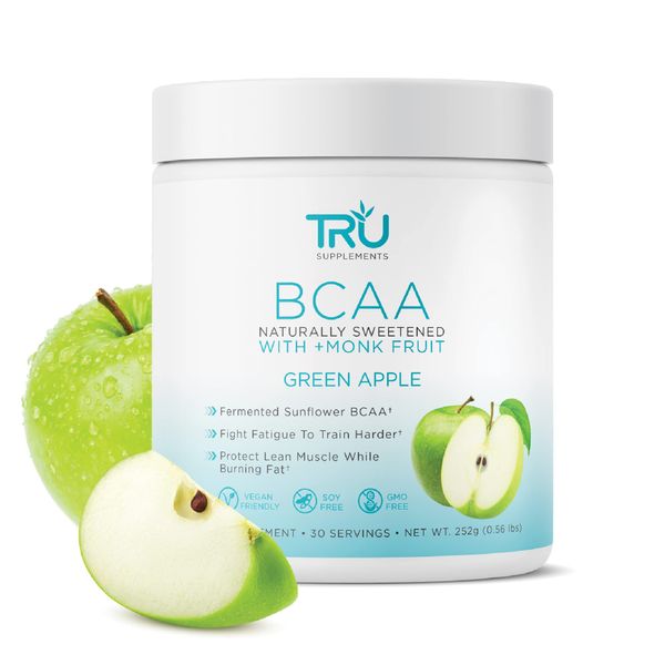 TRU BCAA, Plant Based Branched Chain Amino Acids, Vegan Friendly, Zero Calories, No artificials sweeteners or dyes, 30 Servings, Green Apple