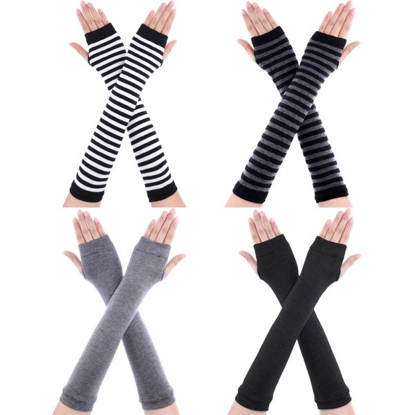 Bememo 4 Pairs Winter Long Fingerless Gloves Knitted Arm Warmer Elbow Length Gloves Thumb Hole Gloves for Women Girls (Color A)