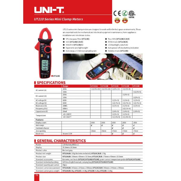 UNI-T UT210B Clamp Meter Digital Pliers Ammeter Voltmeter Professional Electrician Tester Multimeter