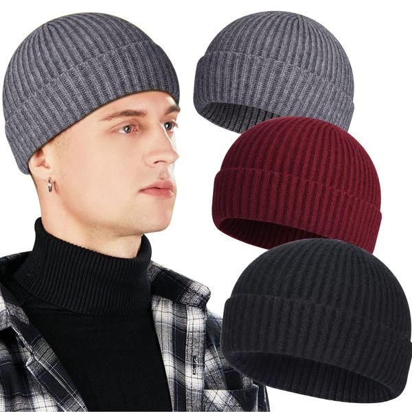 3 Pack Wool Fisherman Beanies for Men, Short Knit Watch Cap Cuffed Trawler Hats,G